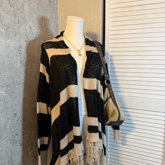 Boho Cream & Black Striped Cardigan with fringe detailing - Picture 4 of 8
